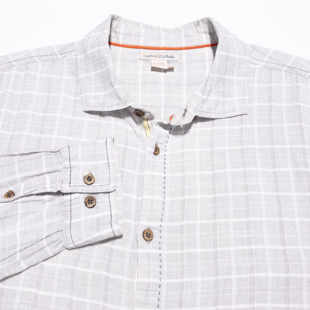 Carbon 2 Cobalt Linen Blend Shirt Men's Large Beige Plaid Button-Up Long Sleeve